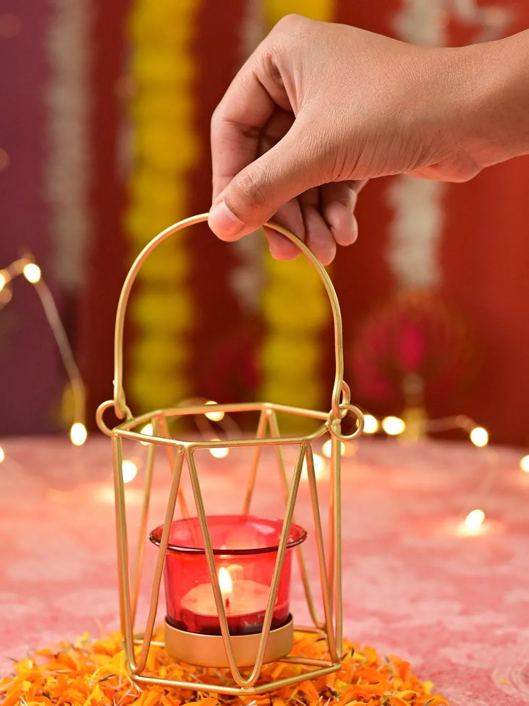 VON CASA Red & Golden T-Light Holder