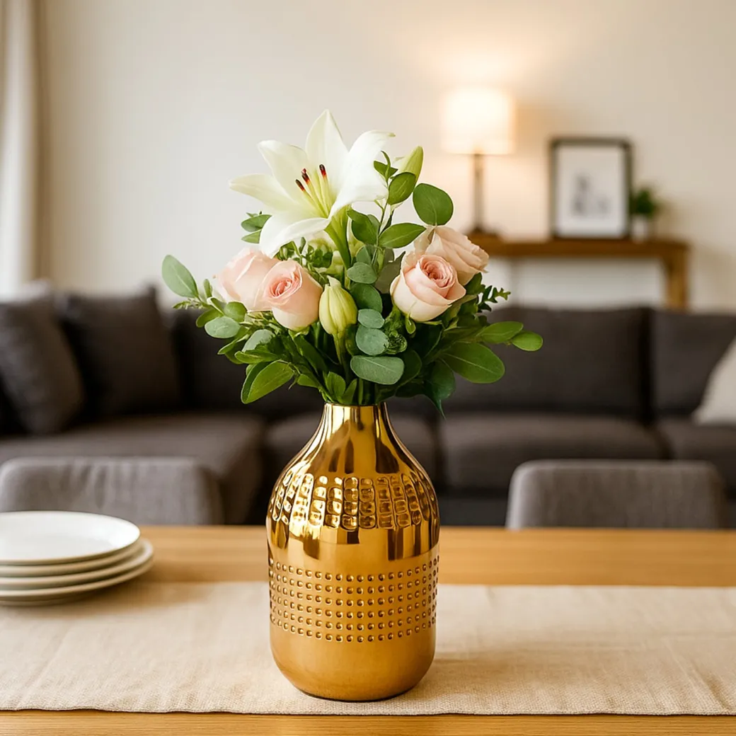 VON CASA Shiny Gold Vase – Gourd Shape (Shiny & Hammered Pattern)
