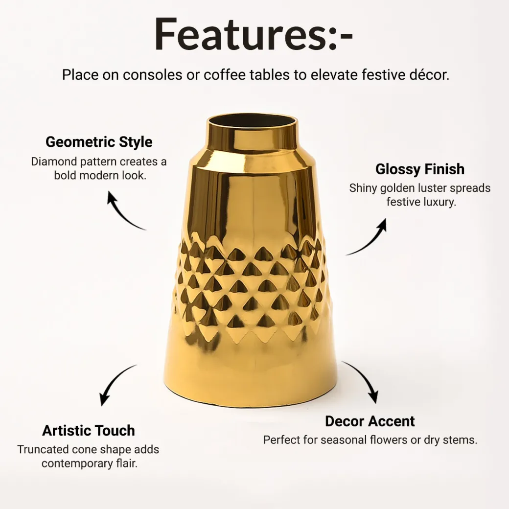 VON CASA Shiny Gold Vase – Truncated Cone (Shiny & Diamond Pattern)