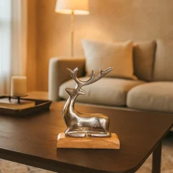 VON CASA Silver Sitting Deer with Wooden Stand