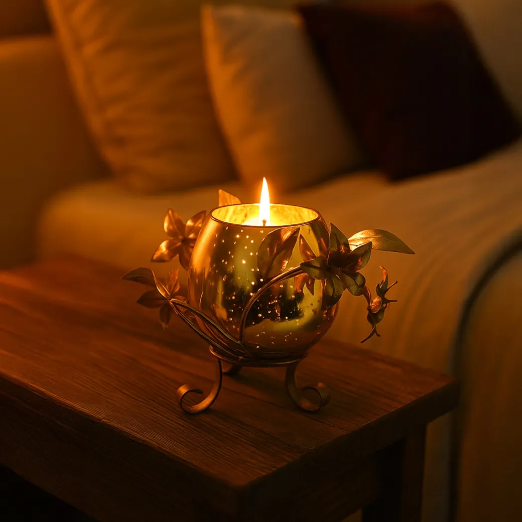 VON CASA Single T-Light Holder – Golden Sphere with Mercury Glass