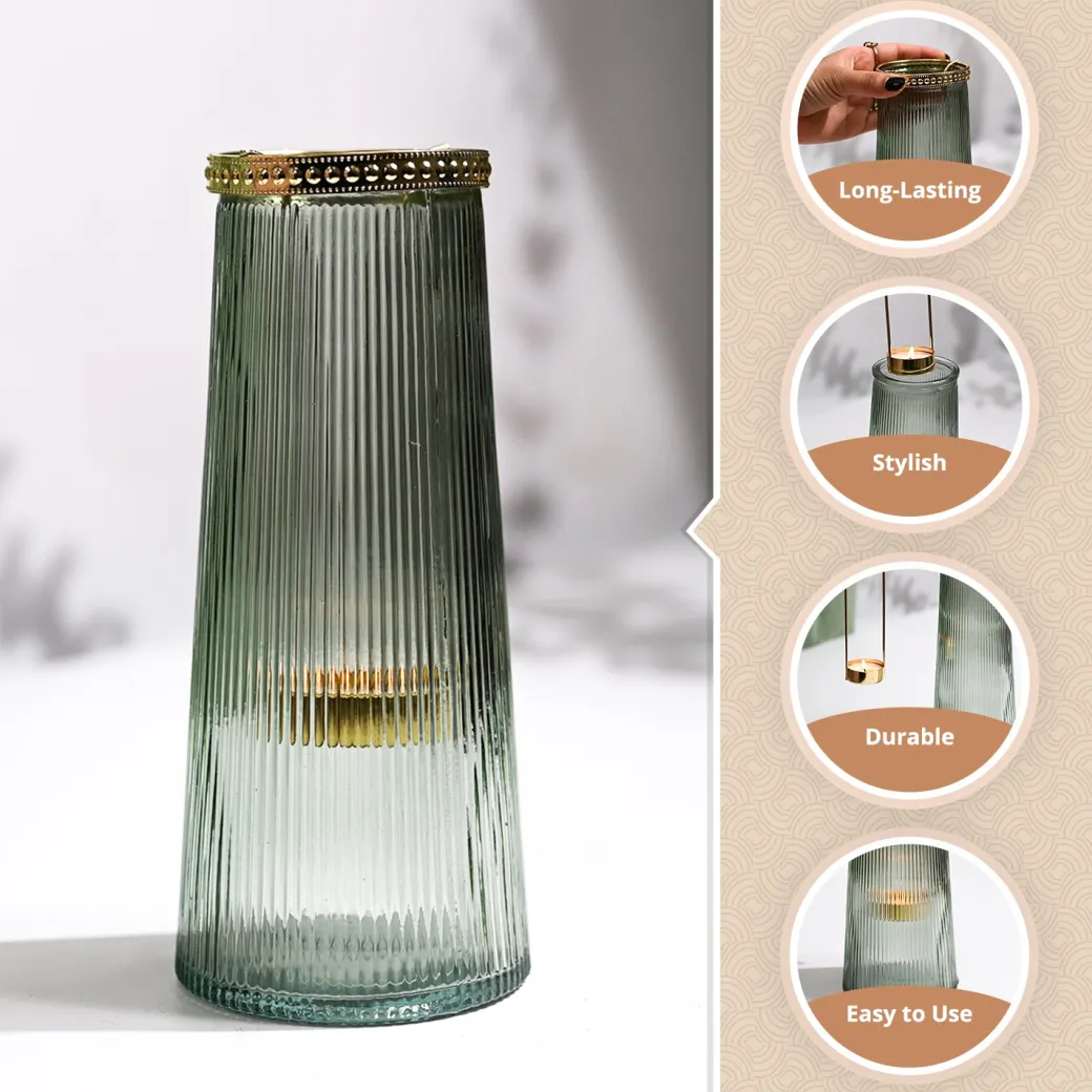 VON CASA Teal & Green Cone Glass T-Light Holder