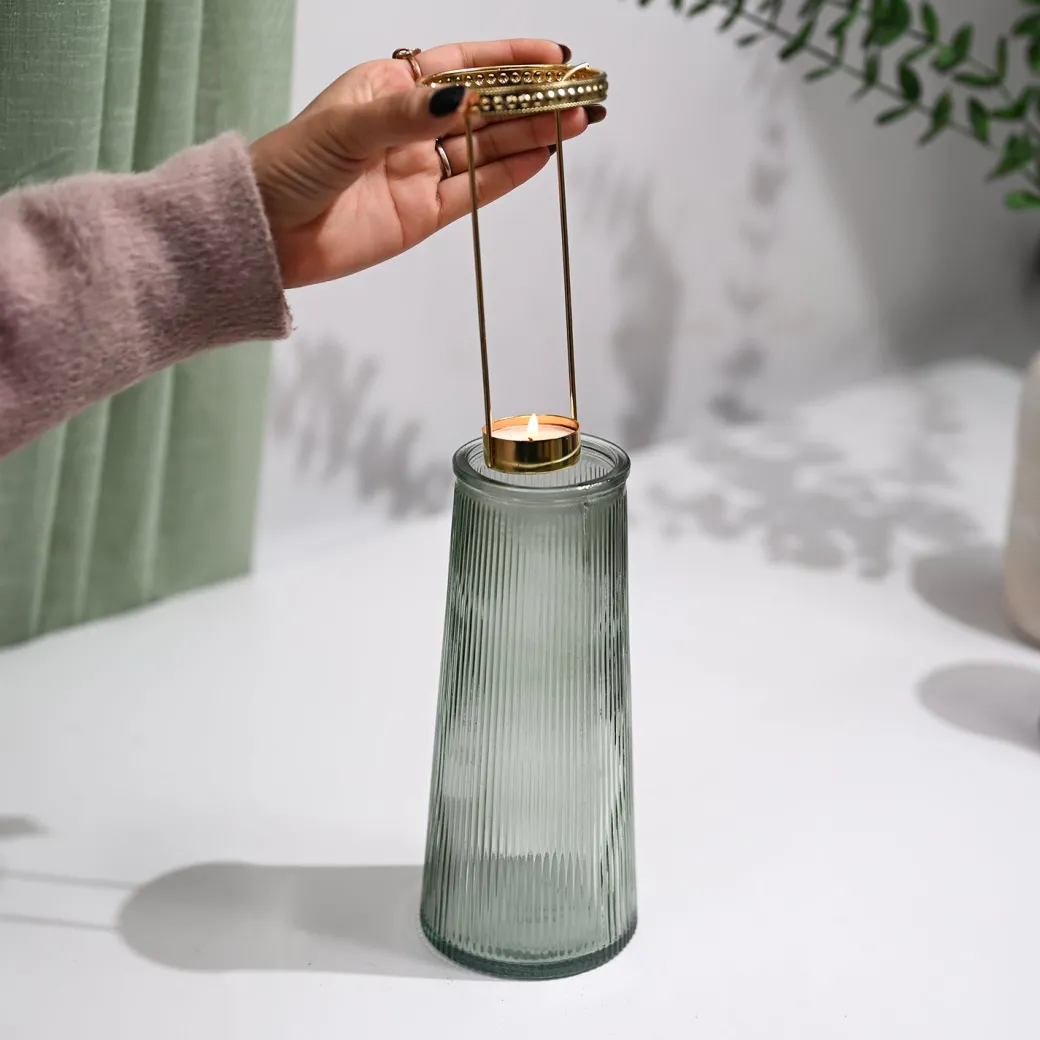 VON CASA Teal & Green Cone Glass T-Light Holder