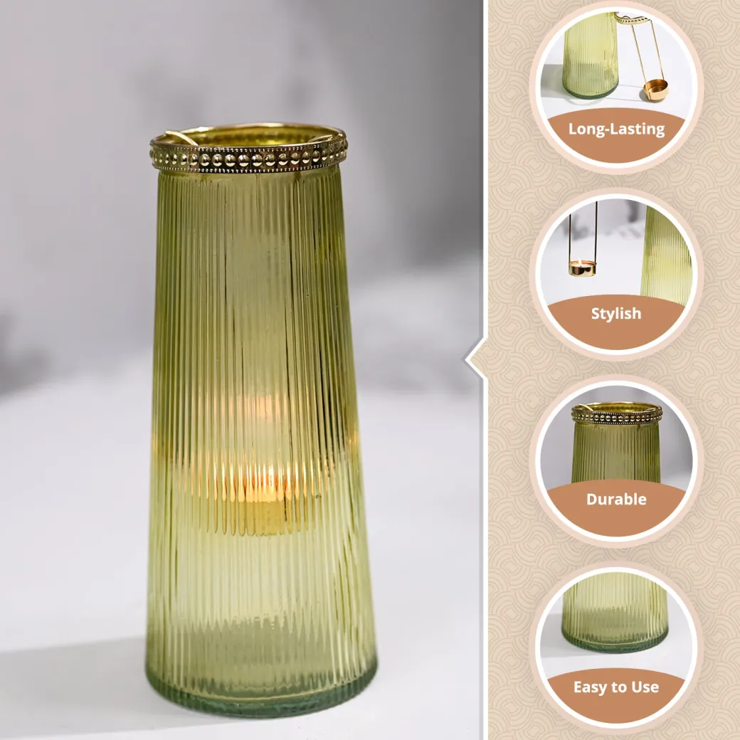 VON CASA Teal & Yellow Cone Glass T-Light Holder