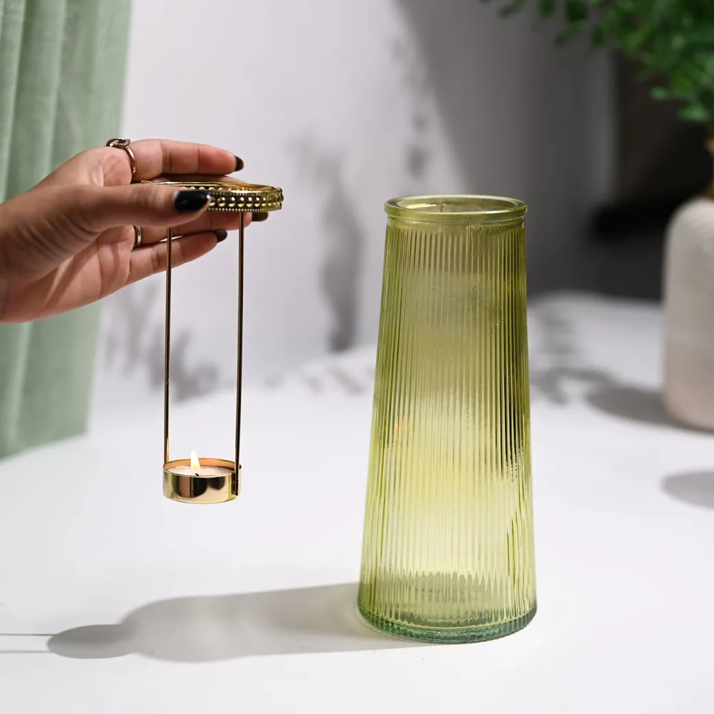 VON CASA Teal & Yellow Cone Glass T-Light Holder