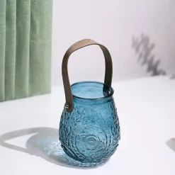 VON CASA Teal Blue Cylindrical Glass T-Light Holder
