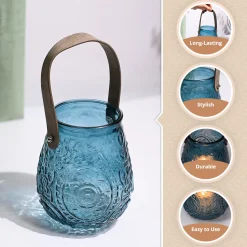 VON CASA Teal Blue Cylindrical Glass T-Light Holder