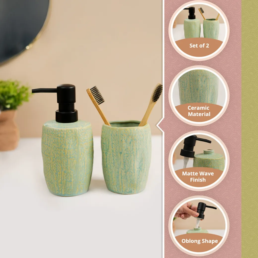 VON CASA Teal Green Wave Ceramic Bathroom Set (Set Of 2)