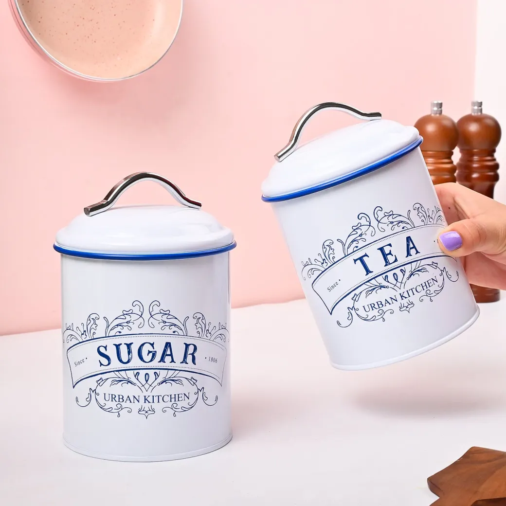 VON CASA White Iron Tea & Sugar Jar Set of 2