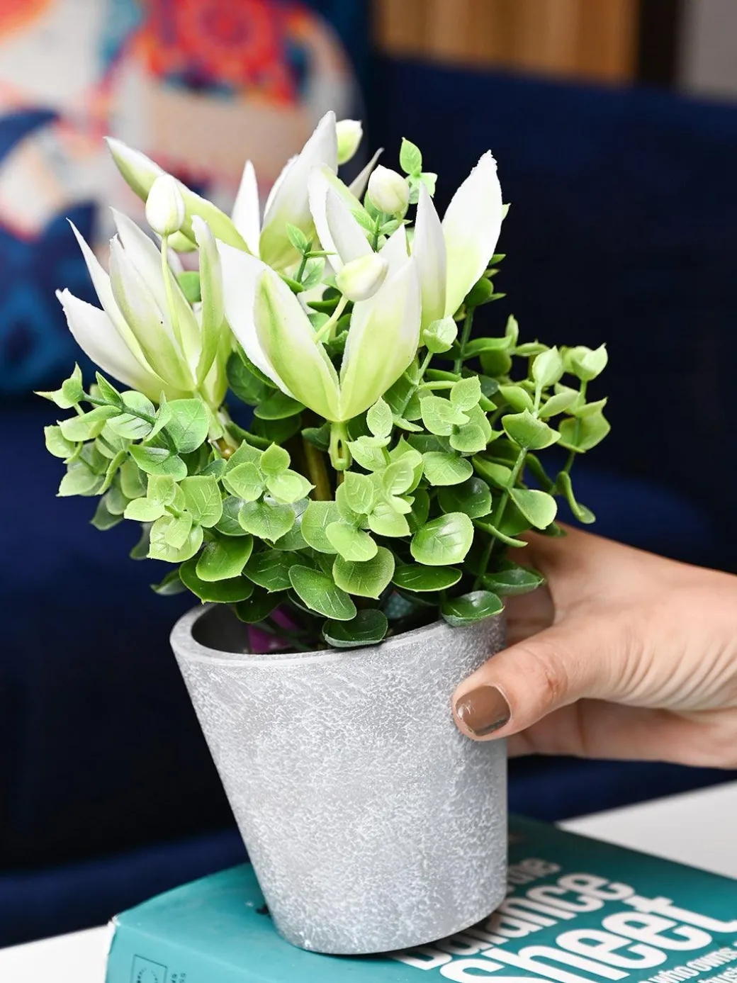 White & Green Artificial Flower with Pot - Cylindrical Shape