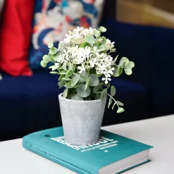 White & Green Artificial Flower with Pot - Cylindrical Shape