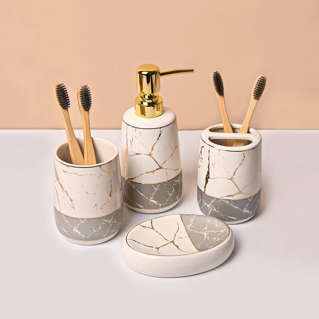 White & Grey Ceramic Bathroom Set (Set of 4)