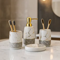 White & Grey Ceramic Bathroom Set (Set of 4)