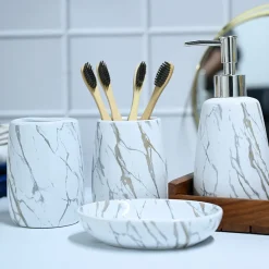 White Ceramic Bathroom Set Of 4 - Stone Finish, Bath Accessories