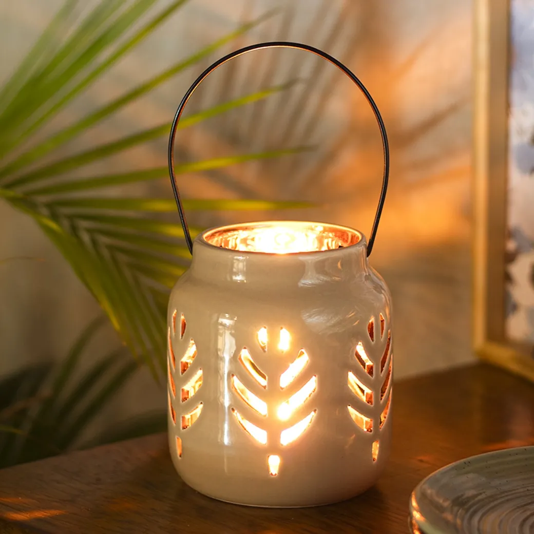 White Ceramic T-Lite Holder - Leafy Pattern, Candle Holder