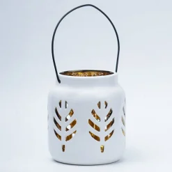 White Ceramic T-Lite Holder - Leafy Pattern, Candle Holder