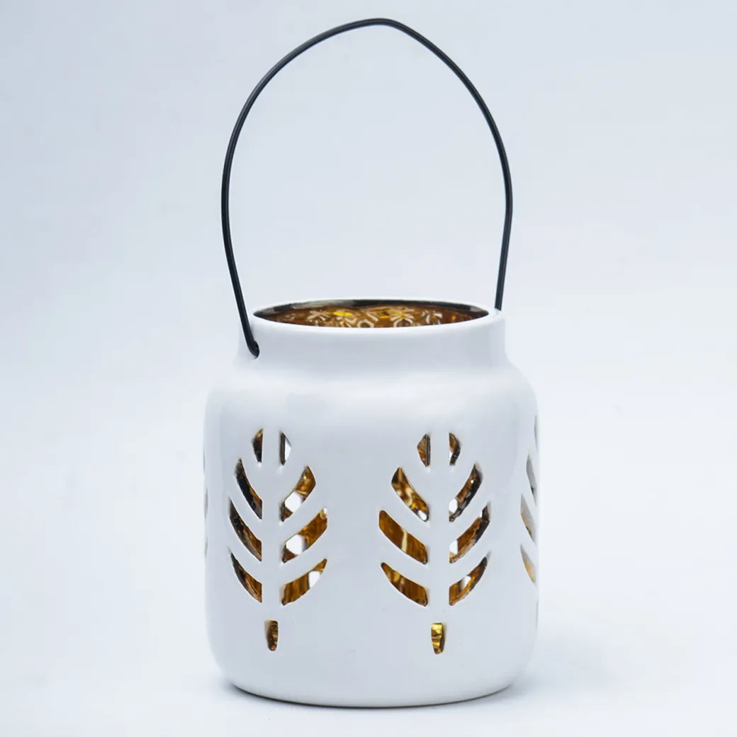 White Ceramic T-Lite Holder - Leafy Pattern, Candle Holder