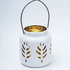 White Ceramic T-Lite Holder - Leafy Pattern, Candle Holder