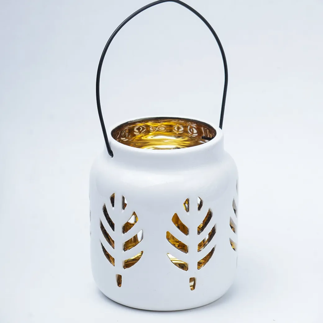 White Ceramic T-Lite Holder - Leafy Pattern, Candle Holder