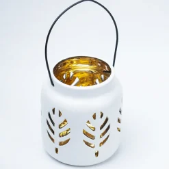 White Ceramic T-Lite Holder - Leafy Pattern, Candle Holder