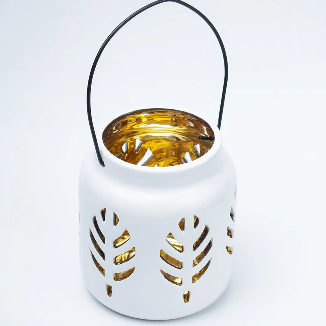 White Ceramic T-Lite Holder - Leafy Pattern, Candle Holder