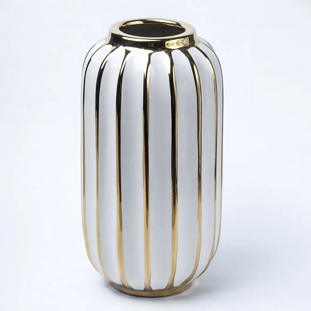 White Ceramic Vase - Ribbed Design, Flower Holder