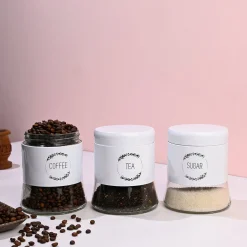 White Coffee, Tea & Sugar Jar Set Of 3, Each 600mL