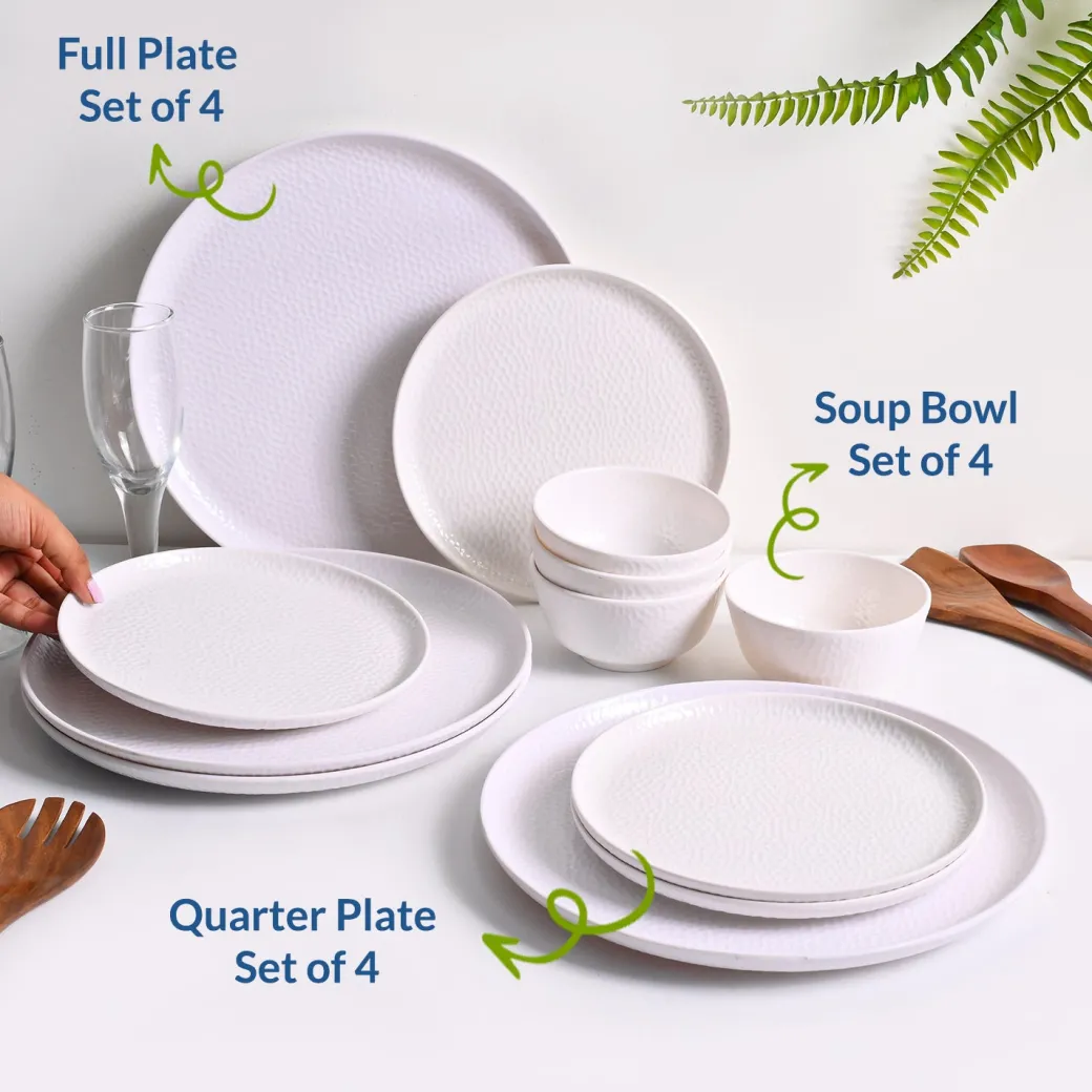 White Hammered Melamine Dinner Set – 12 Pcs