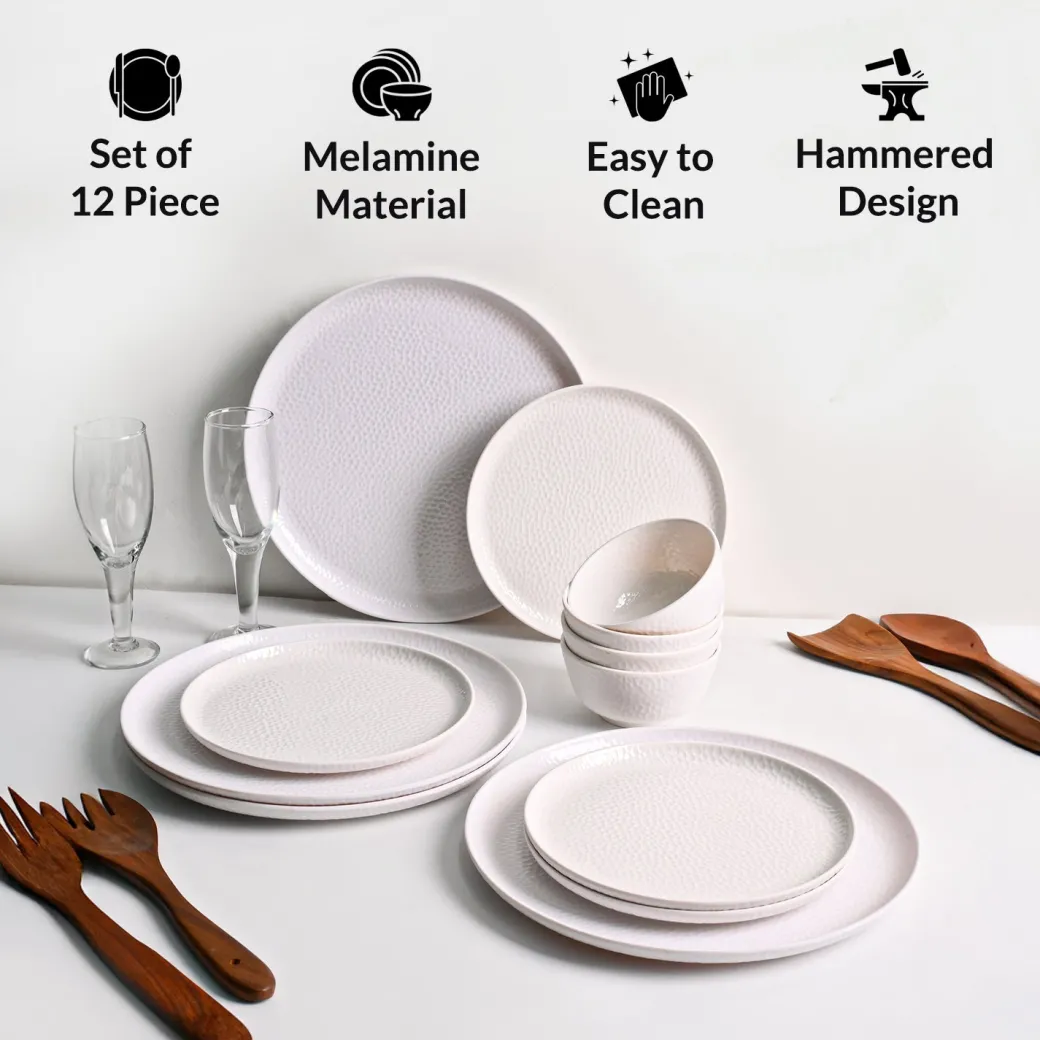 White Hammered Melamine Dinner Set – 12 Pcs