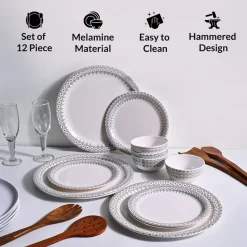 White Morrocone Hammered Melamine Dinner Set – 12 Pcs