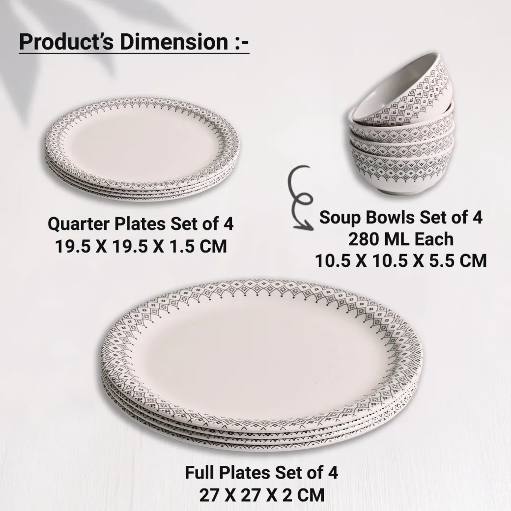 White Morrocone Hammered Melamine Dinner Set – 12 Pcs